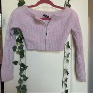 Fuzzy off the shoulder lilac zipper crop sweater
